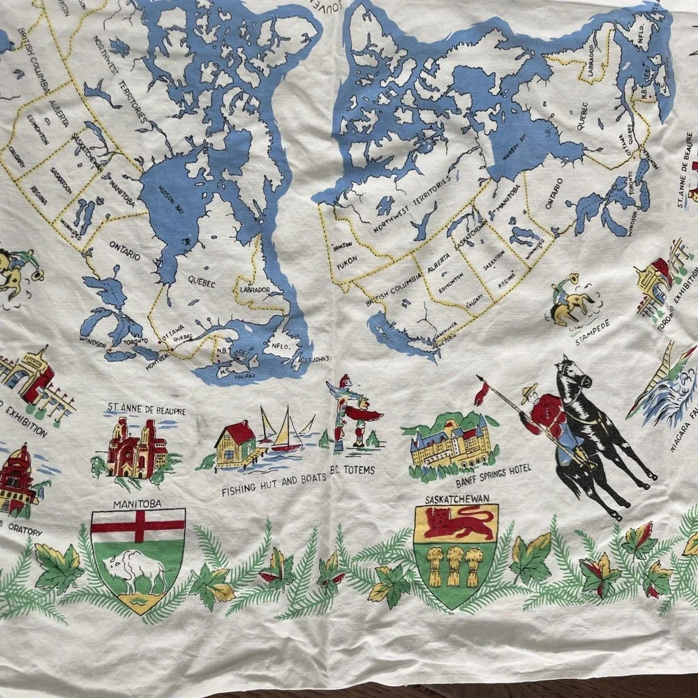 CANADA MAP With Major Landmarks Vintage Souvenir Tablecloth 3.5' Square White
